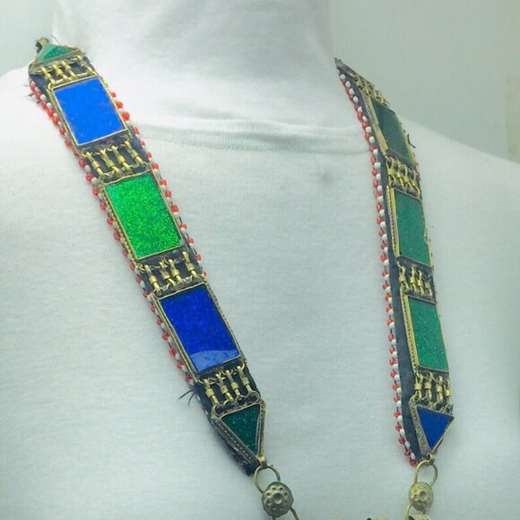 Blue and Green Long Chain Pendant Necklace, Kuchi Big Antique Pendant - Picture 5 of 9